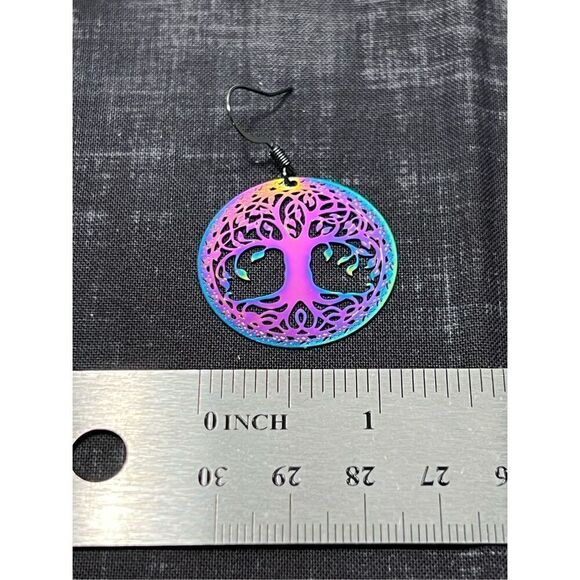 Iridescent Light Weight Tree of Life Brass Colored Fish Hook Stud Earrings - Picture 3 of 3